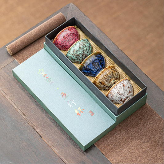 Ceramic Kiln-Changed Tea Cups Set – Five Elements Cups with Gift Box